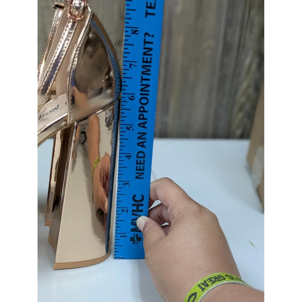 Glam Metallic Platform Heels Womens 8 Rose Gold Block Heel Ankle Strap Disco
